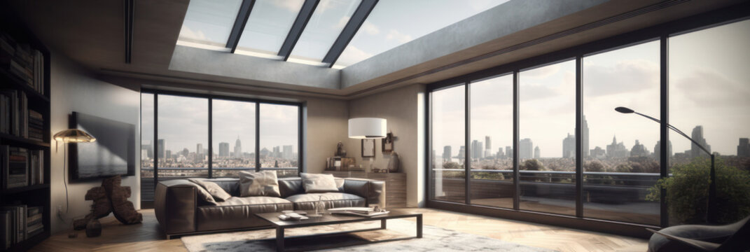 Generative AI image of interior design of spacious living room with massive skylight from ceiling while decorated with modern furniture and glass walls displaying admirable urban scene