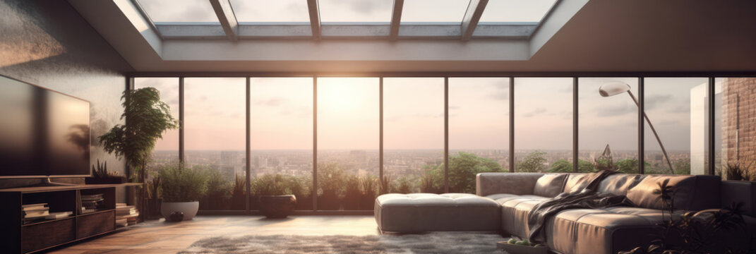 Generative AI image of interior design of spacious living room with massive skylight from ceiling while decorated with modern furniture and glass walls displaying admirable urban scene