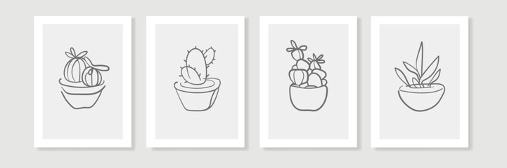 Cactus set in line art style on a beige background. Сontour minimalistic plants. Design for card template. Vector illustration