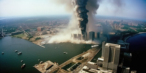 Generative AI image of aerial view of large billowing smokes coming out of skyscraper after bomb explosion near blue sea and white dust enveloping surrounding area