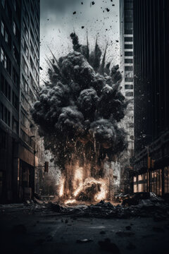 Generative AI image of black smoke clouds of explosion with orange fire on big city street while rubble throwing up along high rising buildings against blurred sky
