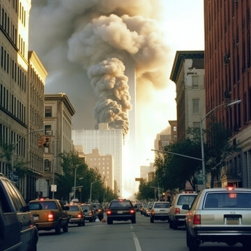 Generative AI image of modern city street with parked cars and buildings on road against explosion of skyscraper with billowing smoke clouds and dusty sky