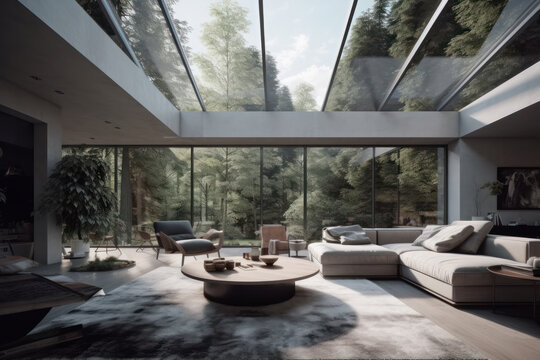 Generative AI image of interior design of spacious living room with massive skylight from ceiling while decorated with modern furniture and glass walls displaying forest scenes
