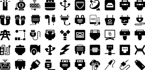 Cable Icon Set Isolated Silhouette Solid Icons With Technology, Power, Sign, Cable, Symbol, Vector, Icon Infographic Simple Vector Illustration