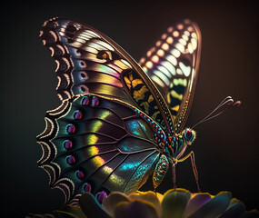 Fototapeta na wymiar a colorful iridescent butterfly in macro shot sitting on a dark flower