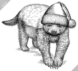 Vintage engraving isolated honey badger set dressed christmas illustration ink santa costume sketch. Ratel background tropical animal silhouette new year hat vector art. Black and white image.
