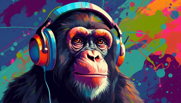 portrait of a party monkey ape with headphones on a colorful abstract background (generative AI)