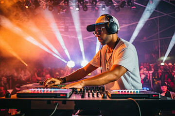 Generative AI illustration side view of ethnic concentrated male DJ in street style outfit playing music on console on stage with colorful illumination near dancing crowd during music festival