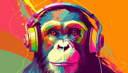 portrait of a party monkey ape with headphones on a colorful abstract background (generative AI)