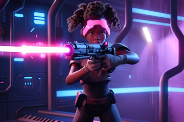 Generative AI illustration of cartoon African American girl in armor costume looking at camera and shooting from laser gun in corridor with neon lights
