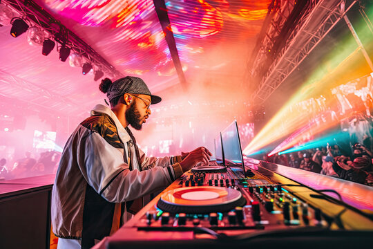 Generative AI illustration side view of ethnic concentrated male DJ in street style outfit playing music on console on stage with colorful illumination near dancing crowd during music festival