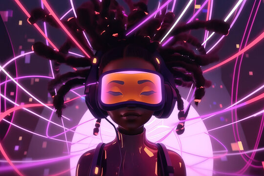 AI generated illustration of serene African American woman with dreadlocks in futuristic goggles closing eyes on colorful background with abstract lines