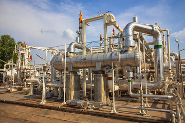 Fototapeta premium Vessel tank pressure steam gauge valves at plant pressure safety valve
