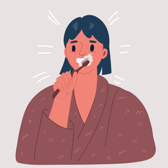 Cartoon Illustration of Young Woman Standing Brushing her Teeth in Bathroom