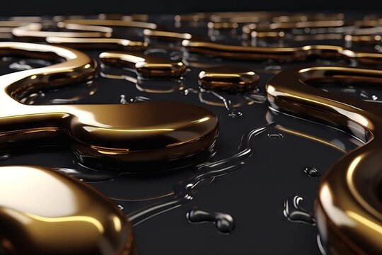 Generative AI illustration of shiny gold liquid on wet black surface representing the concept of abstract background
