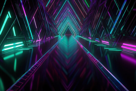 Generative AI illustration futuristic tunnel with neon lights glowing in modern building representing abstract background