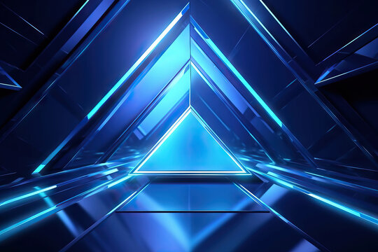 Generative AI illustration of futuristic blue triangle shaped design in bright light room and modern architecture with abstract background