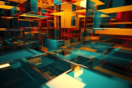 Generative AI illustration of abstract background of geometric corridor in geometric shapes with glass walls