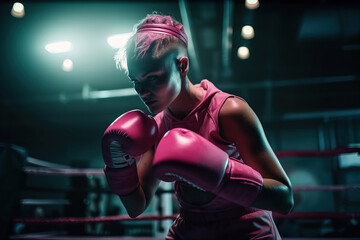 Generative AI illustration of determined young female boxer in activewear with pink hair and boxing gloves practicing fighting on ring during workout in dark club