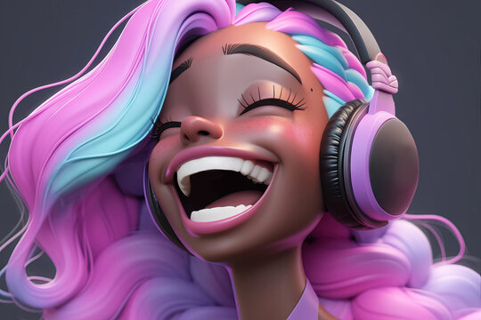 Generative AI image of black cartoon woman with pink and blue hair laughing with closed eyes while listening to music with headset against gray background