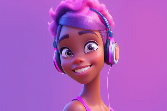 Generative AI image of young African American cartoon woman with pink hair smiling happily and looking at camera while listening to music with headphones