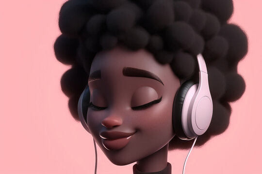 Generative AI Image Of Happy Black Woman With Afro Curly Hair Smiling And Listening To Music With Headphones Against Pink Background