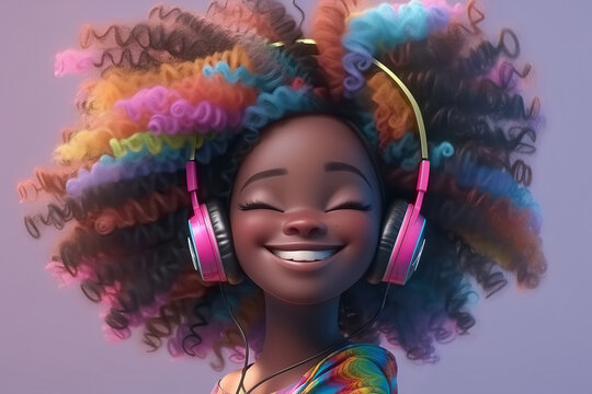 Generative AI Image Of Happy Black Woman With Colorful Curly Hair Smiling And Listening To Music With Headphones Against Purple Background