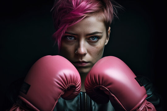 Generative AI illustration of serious young female boxer with short dyed pink hair wearing boxing gloves looking at camera against black background