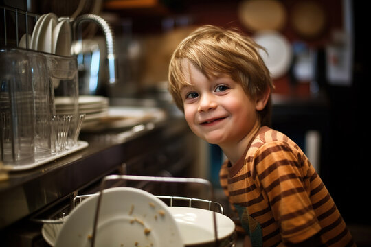 Generative AI illustration of cute little boy in casual clothes smiling and looking at camera while standing in modern kitchen by rack of plates and sink at home