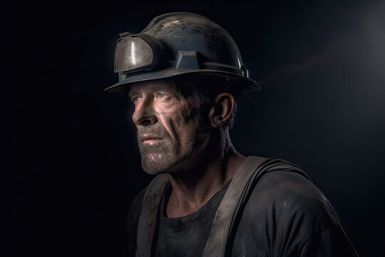 Generative AI side view illustration of dirty middle aged coal miner wearing hard hat with led light attached to it while standing looking against black background and looking away