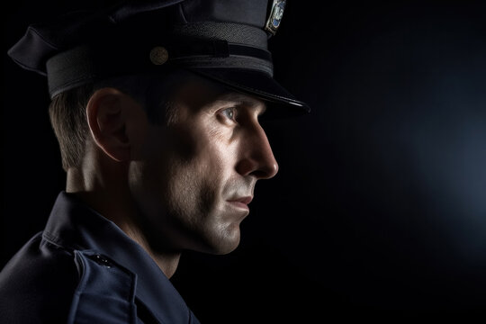 Generative AI side view illustration of adult white policeman with cap in uniform looking away wistfully in dark room