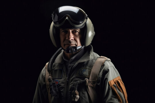 Generative AI portrait illustration of confident mature air force pilot wearing helmet with visor standing against black gradient background and looking at camera