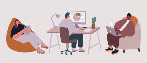 Cartoon Illustration of Working at home, coworking space. Young people, man and woman freelancers working on laptops and computers at home. People at