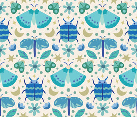 Seamless vector pattern with cute bugs, insect and floral elements. Doodle botanical summer background. - 599293990