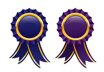 Blue and purple medals with golden elements. Vector clipart isolated on white background.
