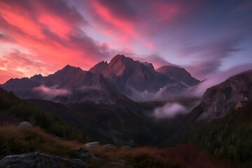 Obraz na płótnie Canvas Magenta Sunrise Over Rugged Peaks: A Breathtaking Photorealistic Mountain Vista, Created with Generative AI