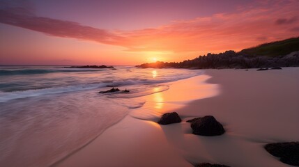 Fototapeta na wymiar Magenta Sunrise: Enchanting Photorealistic Beach Scene with Silhouetted Palm Trees, Created with Generative AI