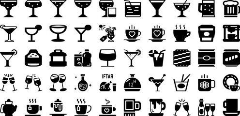 Drink Icon Set Isolated Silhouette Solid Icons With Drink, Icon, Alcohol, Cocktail, Water, Vector, Glass Infographic Simple Vector Illustration