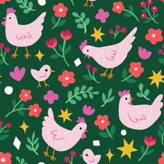 Cute seamless pattern with chicken and floral elements. Vector illustration with cartoon drawings for print, fabric, textile.