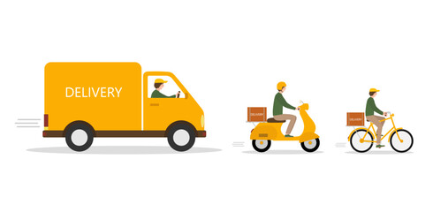 Fototapeta premium Online delivery service concept, delivery home and office. Warehouse, car, scooter, bike courier. Vector illustration 