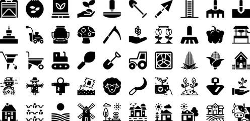 Farm Icon Set Isolated Silhouette Solid Icons With Symbol, Tractor, Agriculture, Farm, Harvest, Field, Icon Infographic Simple Vector Illustration