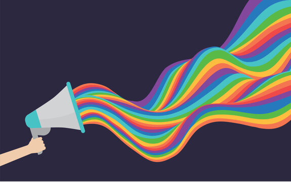 LGBT Pride Month banner. People hold megaphone and flags with lgbt rainbow colored flag. Trendy backdrop for banner, poster, flyer, website