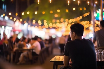 Bokeh background of Street Bar beer restaurant, outdoor in asia, People sit chill out and hang out dinner and listen to music together in Avenue (generative AI)