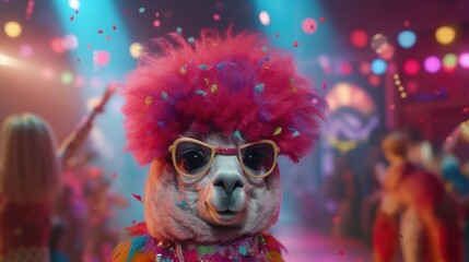 Fototapeta na wymiar Hilariously happy disco party Alpaca on the dance floor showing off his dance moves dressed in the coolest 70's fashion style and wild curly hair - generative ai 