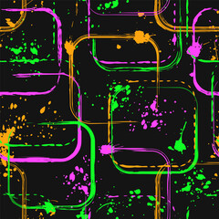 Pattern with rounded squares, paint brush strokes, spattered paint of neon bright colors. Virtual abstract background. Grunge style for sports goods, prints, clothing, t shirt design
