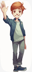 Little Cheerful Boy Stands Alone, Wearing A Cheerful Smile And Waving His Hand To Greet Someone Isolated on White