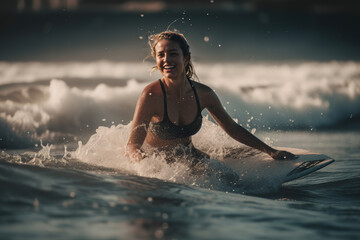 Fototapeta premium Illustration of a female surfer catching a wave on her surfboard created with Generative AI technology