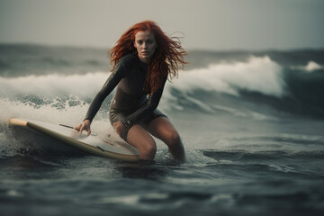 Illustration of a female surfer catching a wave on her surfboard created with Generative AI technology