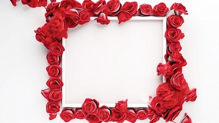 Photo frame with red roses. Red velvet roses