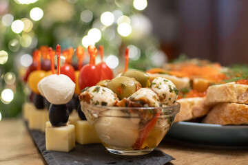 light snacks on the festive table, canapes, sandwiches with fish, 